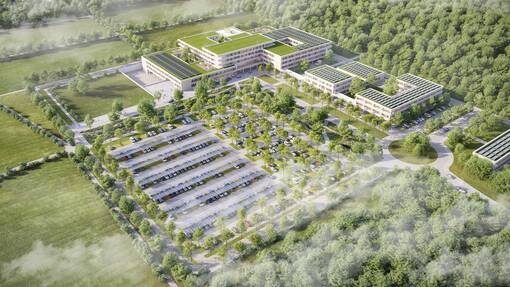 Entwurf: Neubau Ortenau Klinikum Lahr mit Klinikcampus aus der Vogelperspektive